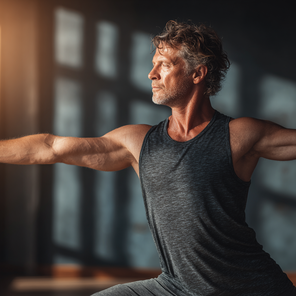 Athletic man in his early 50s performing yoga poses in a peaceful studio environment, demonstrating flexibility and mindfulness practice