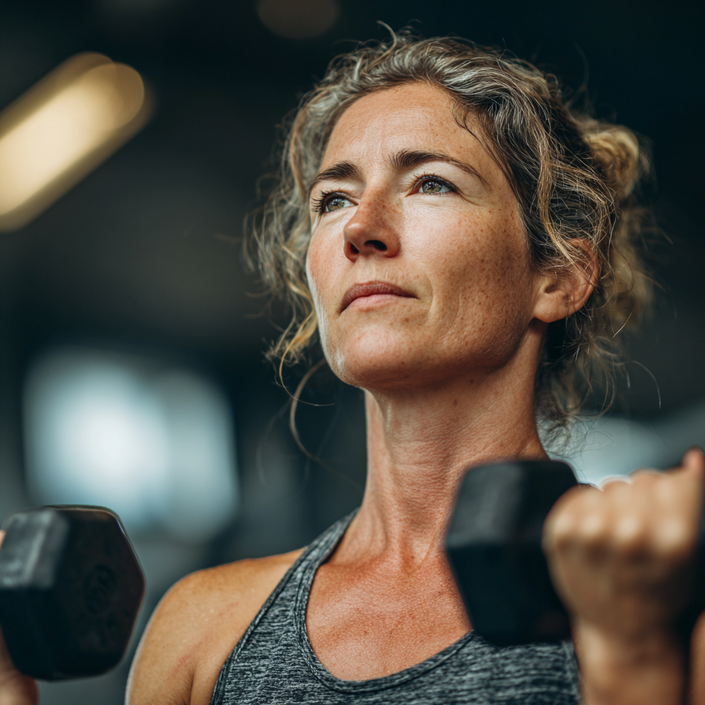 Middle-aged woman in her 40s exercising with dumbbells in a modern fitness facility, focused and determined during strength training workout